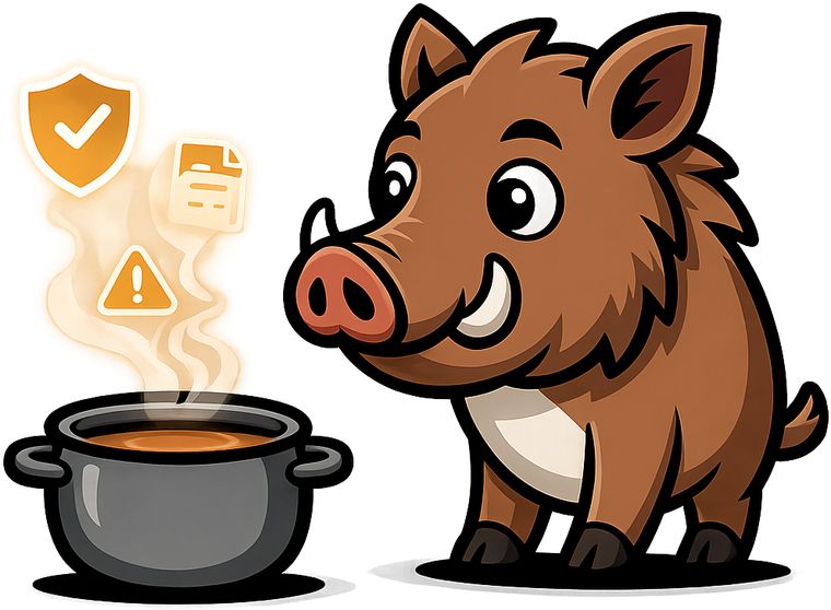 Mascote Data Boar farejando o caldeirão de dados